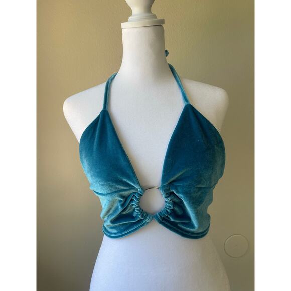 Y2K Blue Velvet O-Ring Halter Top – Size Small - Picture 1 of 4